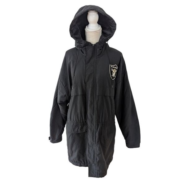 Vintage Oakland Raiders x Locker Line Big Logo Black Hooded Parka Jacket Size L - Picture 2 of 10